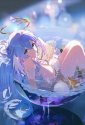 angei big_breasts blue_hair green_eyes honkai:_star_rail huge_breasts long_hair purple_hair robin_(honkai:_star_rail) smile thighs water