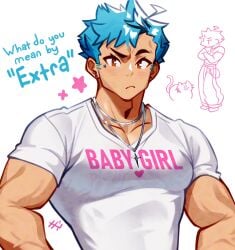 babygirl bara big_chest big_pecs blue_hair brown_eyes denbe_(sachuman) gay huge_chest huge_pecs male male_only muscular muscular_male necklace sachuman speech star_(symbol) text text_on_clothing white_shirt