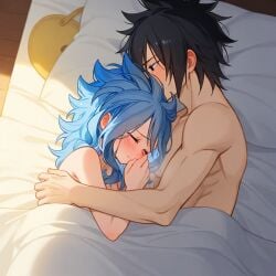 ai_generated black_hair blue_hair couple cute fairy_tail gray_fullbuster hugging levy_mcgarden on_bed passionate romantic romantic_couple