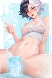 1girls 2d alternate_version_available areolae black_and_white_hair blue_eyes breasts female female_only fully_clothed ice luna_snow luna_snow_(marvel_rivals) marvel marvel_comics marvel_rivals midriff navel prywinko red_eyes see-through tank_top thick_thighs tummy wet white_panties