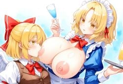 2girls ai_generated apron beverage big_breasts blonde_hair blue_dress bow bowtie breast_feeding breasts breasts_out brown_vest civitai colored_eyelashes gengetsu gengetsu_(touhou) glass hairbow huge_breasts incest juliet_sleeves junihito lactating lactating_nipples lactation large_breasts long_sleeves maid maid_headdress maid_outfit maid_uniform medium_hair milk mugetsu mugetsu_(touhou) nipples open_vest platter puffy_sleeves red_bow red_ribbon ribbon self_upload short_hair short_sleeves sister sister_(lore) sister_and_sister sisters sisters_(lore) touhou touhou_(pc-98) vest white_apron white_shirt yellow_eyes