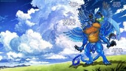 abs angry anthro avian blue_body blue_eyes blue_feathers blue_fur byron_leyclaw carrying_another casual_nudity claws clothing cloud cloudy_sky countryside detailed_background dialogue duo ear_piercing ear_ring ears_up english_text father_(lore) father_and_child_(lore) father_and_son_(lore) feather_hair feather_tuft feathered_wings feathers featureless_crotch finger_claws fur gryphon gryphonpower hair hi_res hotsatyr male male/male mohawk mythological_avian mythological_creature mythology neil_(hotsatyr) nude nude_male open_mouth paper_airplane papercraft parent_(lore) parent_and_child_(lore) parent_and_son_(lore) paws peak pecs piercing piggyback piggyback_postition pseudo_hair pubes pubic_feathers pubic_fuzz public public_nudity ring_piercing shirt sky skyscape smile son_(lore) standing summer sunny t-shirt tail tail_feathers text topwear tuft vein veiny_arms wings