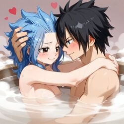 ai_generated bathing bathroom bathtub black_hair blue_hair couple couple_(romantic) fairy_tail gray_fullbuster levy_mcgarden passionate romantic romantic_couple steam