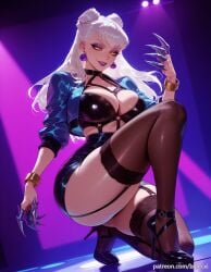 ai_generated balecxi black_garter_straps black_thighhighs claws cropped_jacket earrings evelynn evelynn_(league_of_legends) eyeshadow female garter_straps high_heels jacket jewelry k/da_(league_of_legends) k/da_all_out_evelynn k/da_all_out_series large_breasts league_of_legends long_hair looking_at_viewer makeup o-ring open_clothes patreon_username revealing_clothes skirt solo thighs white_hair yellow_eyes