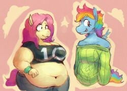 2girls bbw big_breasts blush breasts fluttershy_(mlp) horse_girl horse_tail my_little_pony oversized_clothes pink_hair punkitt rainbow_dash_(mlp) rainbow_hair sweater wide_hips wings wolfgirl9million