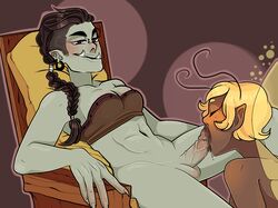 abs achtland antennae black_hair blonde_hair blush bra breasts chair dark-skinned_female dark_skin drool eumelia fairy fellatio female futa_on_female futanari green_skin intersex interspecies oral orc orc_futanari penis pillow saliva smile veiny_penis wings