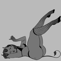 artist black_and_white braid clothing covered_nipples demon demon_girl demon_tail female female_focus female_only fishnet_legwear fishnets horns legs_together legs_up monochrome pinup pinup_pose red_hair sfw simple tail wytch