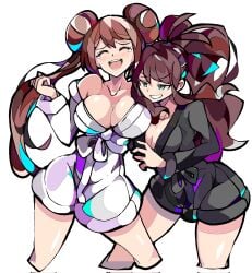 2girls big_breasts breasts cleavage clothed clothing creatures_(company) enpe female female_only fully_clothed game_freak hilda_(pokemon) nintendo pokemon rosa_(pokemon) yuri