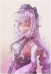 1boy 1girls armpit_sex blush bow breasts collarbone cum cum_on_body disgusted ejaculation female hairbow highres m1ke mole mole_under_eye penis purple_hair red_eyes side_boob sideboob sidelocks vivian_(zenless_zone_zero) zenless_zone_zero