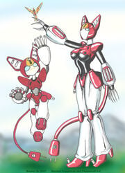 2007 blue_eyes breasts claws cord female high_heels machine mechanical medarot peppercat raptor_sr red_body robot white_body