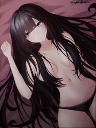 1girls artist_name bangs big_breasts black_hair black_panties blush blush breasts cleavage curvy female female_only hair_covering_breasts hair_over_breasts long_hair lying lying_on_back lying_on_bed medium_breasts metae midriff mole navel on_back original original_character panties panties_only purple_eyes slender_body slender_waist solo thick_thighs thighs topless