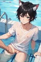 ai_generated black_hair cat_ears cat_hybrid catboy cuntboy intersex male pool swimming_pool trans trans_man transgender transgender_male twink