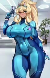 1girls barghest_(gawain)_(fate) big_breasts blonde_hair blue_bodysuit bodysuit breasts clothing cosplay fate_(series) female female_only green_eyes gun hair heterochromia hips holding_weapon huge_breasts metroid ponytail raskasar red_eyes solo solo_female tight_clothing tight_fit weapon zero_suit_samus_(cosplay)