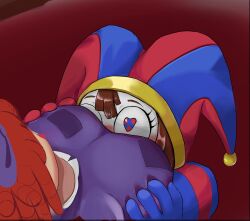 2girls big_breasts bow face_in_breasts fully_clothed gfreak18 glitch_productions gooseworx grabbing_breasts heart_pupils jester_hat motorboating pomni pomni_(tadc) pomni_(the_amazing_digital_circus) ragatha ragatha_(tadc) ragatha_(the_amazing_digital_circus) red_hair the_amazing_digital_circus yuri