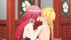 aether_(genshin_impact) blonde_hair blonde_hair_male braided_hair breasts earrings genshin_impact hair_between_eyes hair_ornament hands_on_another's_shoulders kissing long_hair pink_hair purple_eyes reiishorny sound tagme video vixxenva voice_acted yae_miko