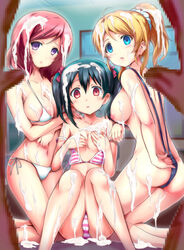 3girls adjusting_clothes adjusting_swimsuit areolae ass ayase_eli bare_shoulders bikini black_hair blonde_hair blue_eyes breasts bukkake cameltoe censored collarbone covered_nipples covering covering_breasts cum empty_eyes female girl_sandwich human kashi kneeling long_hair looking_at_viewer love_live! love_live!_school_idol_project mosaic_censoring mound_of_venus multiple_females navel nipple_slip nipples nishikino_maki open_mouth ponytail purple_eyes red_eyes red_hair sandwiched side-tie_bikini sideboob sitting sling_bikini sling_bikini_aside striped striped_bikini striped_swimsuit swimsuit tied_hair twintails white_bikini white_swimsuit yazawa_nico