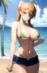 1girl ahoge ai_generated antenna_hair bare_arms bare_shoulders beach bikini bikini_under_clothes blue_shorts blue_sky blush breasts brown_eyes brown_hair cleavage clenched_hand closed_mouth cloud collarbone cowboy_shot cutoffs day denim denim_shorts female green_bikini groin hair_between_eyes hair_ribbon hand_up highleg highleg_bikini highschool_of_the_dead horizon large_breasts long_hair looking_at_viewer micro_bikini micro_shorts navel ocean open_fly outdoors palm_tree pixiv ponytail red_ribbon rei_miyamoto rena_aikawa_(pixiv_user) ribbon sand shore short_shorts shorts sidelocks skindentation sky smile solo stable_diffusion standing stomach strap_gap string_bikini swimsuit tagme thighs tree underboob water