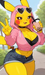 ai_generated furry gyaru heart_shaped_sunglasses holding_object jean_shorts midriff peace_sign pikachu pink_hoodie pokemon pokemon_(species) unbuttoned_shorts