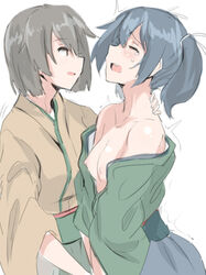 /\/\/\ bare_shoulders black_hair blush breasts brown_eyes brown_hair closed_eyes clothing female fingering fingering_down_front hair_ribbon hiryuu_(kantai_collection) implied_fingering japanese_clothes kantai_collection multiple_girls nipples open_mouth ribbon short_hair smile souryuu_(kantai_collection) tabi tied_hair trembling twintails ulrich_(tagaragakuin) yuri