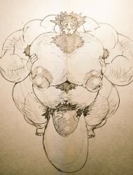 anthro balls bara big_balls big_muscles big_penis boner chubby erection erection_under_clothes furry hyper_balls hyper_penis lion male male_only monochrome muscles muscular nionionionioooo penis solo solo_male