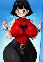 ai_generated belt black_hair blue_eyes bracelet bulge dragon_ball futa_bulge futa_only futanari huge_breasts nipples_visible_through_clothing s0d0w7_(artist) tight_clothing videl_(dragon_ball_super) wet_body wide_hips