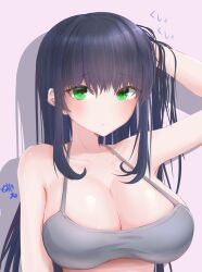 1girls bangs big_breasts black_hair blush blush bra breasts cleavage collarbone female female_only green_eyes grey_bra hand_on_head huge_breasts large_breasts long_hair looking_at_viewer metae original original_character simple_background solo upper_body