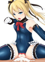 1boy 1girls blonde_hair blue_eyes blue_legwear censored clothed_sex cowgirl_position cum cum_in_pussy cum_overflow dead_or_alive dead_or_alive_5 detached_sleeves fat_mons female female_on_top frilled_legwear frilled_leotard frills gloves hair_ribbon incoming_punch leotard light-skinned_female long_hair looking_at_viewer marie_rose marie_rose_(devilish_servant_against_the_splashing_waves) mosaic_censoring one-piece_swimsuit open_mouth overflow penis petite pussy ribbon sex shocked_eyes small_breasts straddle swimsuit teenage_girl teenager thighhighs thighs tied_hair tsuyurijuu twintails vaginal_penetration variant white_gloves