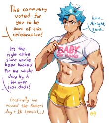 abs baby_on_board bara big_chest big_pecs blue_hair brown_eyes denbe_(sachuman) gay hoochie_daddy_shorts huge_chest huge_pecs male male_only muscular muscular_male sachuman short_shorts text text_bubble text_on_clothing yellow_shorts