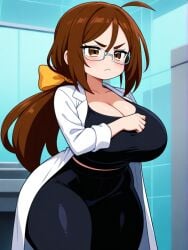 ai_generated angry brown_eyes brown_hair female jenn_the_scientist large_ass large_breasts long_hair original_character ponytail thick_thighs wide_hips yellow_ribbon