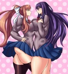 2girls blazer blue_skirt breasts brown_hair doki_doki_literature_club green_eyes grey_blazer hairbow hairclip hand_on_hip kreativekailyn large_breasts long_hair monika_(doki_doki_literature_club) ponytail purple_eyes purple_hair school_uniform skirt thighhighs yuri_(doki_doki_literature_club)