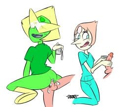 anal_sex beaker blush cumming_from_anal_sex elbow_gloves gloves joshin latex_gloves medical_scrubs milking_handjob nurse pearl_(steven_universe) peridot_(steven_universe) steven_universe