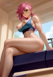 1girls 2d ai_generated areolae ass bangs big_ass breasts erophoenix female female_focus full_body gym large_breasts league_of_legends looking_at_viewer looking_back nipples nude pale_skinned_female patreon_username pink_hair shoes short_hair socks solo solo_female sweat tattoo thick thick_thighs uncensored vi_(league_of_legends)