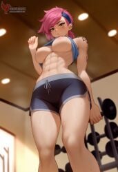 1girls 2d ai_generated areolae ass bangs big_ass breasts erophoenix female female_focus full_body gym large_breasts league_of_legends looking_at_viewer looking_back nipples nude pale_skinned_female patreon_username pink_hair shoes short_hair socks solo solo_female sweat tattoo thick thick_thighs uncensored vi_(league_of_legends)