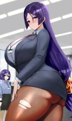 2girls big_breasts blush breasts fate/grand_order fate_(series) female female_focus hair hand_on_thigh huge_breasts large_breasts leggings long_hair mature mature_female mature_woman milf minamoto_no_raikou_(fate/grand_order) nail_polish nails necktie neckwear office_lady pencil_skirt purple_eyes purple_hair purple_nail_polish purple_nails raskasar ripped_leggings short_hair skirt solo_focus thick_thighs thighs ushi_gozen_(fate)