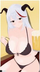 1girls aegir_(azur_lane) azur_lane bed bedroom beer beer_mug black_bra black_lingerie black_panties bra dragon_girl female female_only grey_hair horns inviting iron_blood_(azur_lane) light-skinned_female light_skin lingerie lingerie_only looking_at_viewer panties smile solo tim_heyderich twitter_username underwear white_hair