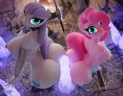 2girls 3d anthro areolae armwear ass big_ass big_breasts breasts bubble_butt cave crystal dat_ass ear_piercing earrings fat_ass female female_only fishnet_armwear fishnets grey_skin hooves-art huge_ass large_ass looking_at_viewer looking_up maud_pie_(mlp) my_little_pony my_little_pony_friendship_is_magic nipple_piercing nipples nude nude_female pickaxe piercing pink_hair pink_skin pink_tail pinkie_pie_(mlp) png purple_tail shoes spiked_collar thick_ass thick_thighs wide_hips