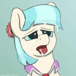 2014 blue_eyes blue_hair coco_pommel cum cum_on_face earth_pony equine female female_only friendship_is_magic fur hair horse mammal my_little_pony open_mouth pony simple_background solo staggeredline tongue tongue_out two_tone_hair white_fur