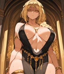 1girls ai_generated athletic_female black_dress blonde_hair cleavage clothed_female dominant_female elden_ring emotionless emotionless_female female large_breasts looking_at_viewer queen queen_marika_the_eternal royal solo solo_female sweating tall_female yellow_eyes