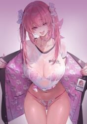 absurdres belt belt_collar blush bra breasts choker coat collar collarbone commentary dishwasher1910 doro_(nikke) dorothy_(nikke) english_commentary female fingernails gluteal_fold goddess_of_victory:_nikke hair_between_eyes hair_ribbon heart heart_collar heart_in_eye highres huge_breasts id_card long_hair long_sleeves looking_at_viewer nail_polish navel open_clothes open_coat open_mouth panties pink_background pink_belt pink_bra pink_choker pink_coat pink_collar pink_eyes pink_hair pink_nails pink_panties ribbon saliva saliva_trail see-through_clothes see-through_shirt shirt smile solo stomach symbol_in_eye thighs tongue tongue_out twintails underwear upper_body white_ribbon white_shirt