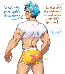 back_view bara blue_hair brown_eyes crop_top denbe_(sachuman) gay hoochie_daddy_shorts male male_only muscular muscular_male sachuman short_shorts text text_bubble text_on_clothing text_on_shorts tramp_stamp white_shirt yellow_shorts