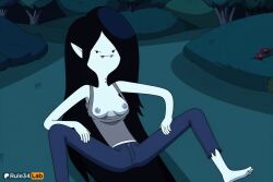 , 1girls adventure_time ai_generated barefoot bite_mark black_hair breasts breasts_out cartoon_network colored_skin denim fangs hi_res jeans long_hair marceline marceline_abadeer marceline_the_vampire_queen medium_breasts nipples no_bra pants pointy_ears rule34lab sitting small_breasts solo spread_legs tank_top vampire very_long_hair warner_bros warner_brothers