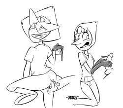 anal_sex beaker blush cumming_from_anal_sex elbow_gloves joshin latex_gloves line_art medical_scrubs milking_handjob monochrome nurse pearl_(steven_universe) peridot_(steven_universe) steven_universe