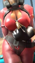 80lines bodysuit breasts cleavage fempyro gas_mask pyro pyro_(team_fortress_2) shrunk size_difference spy_(team_fortress_2) team_fortress_2 unzipped_bodysuit