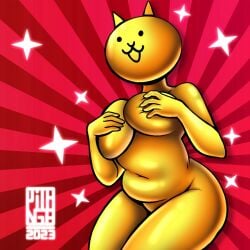 1girls chubby_belly covering_breasts gold_cat huge_breasts the_battle_cats