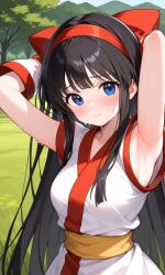 1girls ai_generated armpits black_hair blue_eyes blush breasts busty female female_only fingerless_gloves hair_ribbon hi_res king_of_fighters large_breasts long_hair looking_at_viewer nakoruru pose posing samurai_shodown sensual sexy_armpits sideboob snk solo sweat