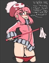 1girls alternate_costume baton blush buruma buruma_pull cropped_legs ducky_(artist) embarrassed english female hat jakuzure_nonon kill_la_kill payot pink_eyes pink_hair pubic_hair pussy raid_trip_uniform short_hair skull_print small_breasts solo speech_bubble track_jacket uncensored