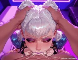 1boy ai_generated balecxi breasts cum_in_mouth deepthroat earrings evelynn eyeshadow fellatio female hands_on_another's_head irrumatio jewelry k/da_(league_of_legends) k/da_all_out_evelynn k/da_all_out_series league_of_legends lipstick long_hair looking_at_viewer makeup oral penis pov purple_lips solo_focus straight white_hair yellow_eyes