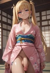 1futa ai_generated balls blonde_hair blue_eyes blunt_bangs cleavage flaccid futa_only futanari jamesbron kimono long_hair looking_at_viewer no_panties penis small_breasts smug solo solo_futa thighs twintails