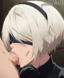 1boy 1boy1girl 1female 1girls ai_generated blowjob covered_eyes deepthroat deepthroat_no_hands fellatio male/female nier:_automata oral penis sex tagme viviai white_hair yorha_2b