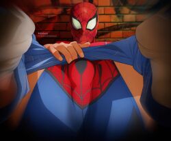 1boy bara bulge clothed clothing dizdoodz large_pectorals male male_focus male_only male_underwear marvel marvel_comics marvel_rivals masked masked_male muscular muscular_male pants pectorals peter_parker solo solo_male spider-man spider-man_(marvel_rivals) spider-man_(series) spread_legs underwear